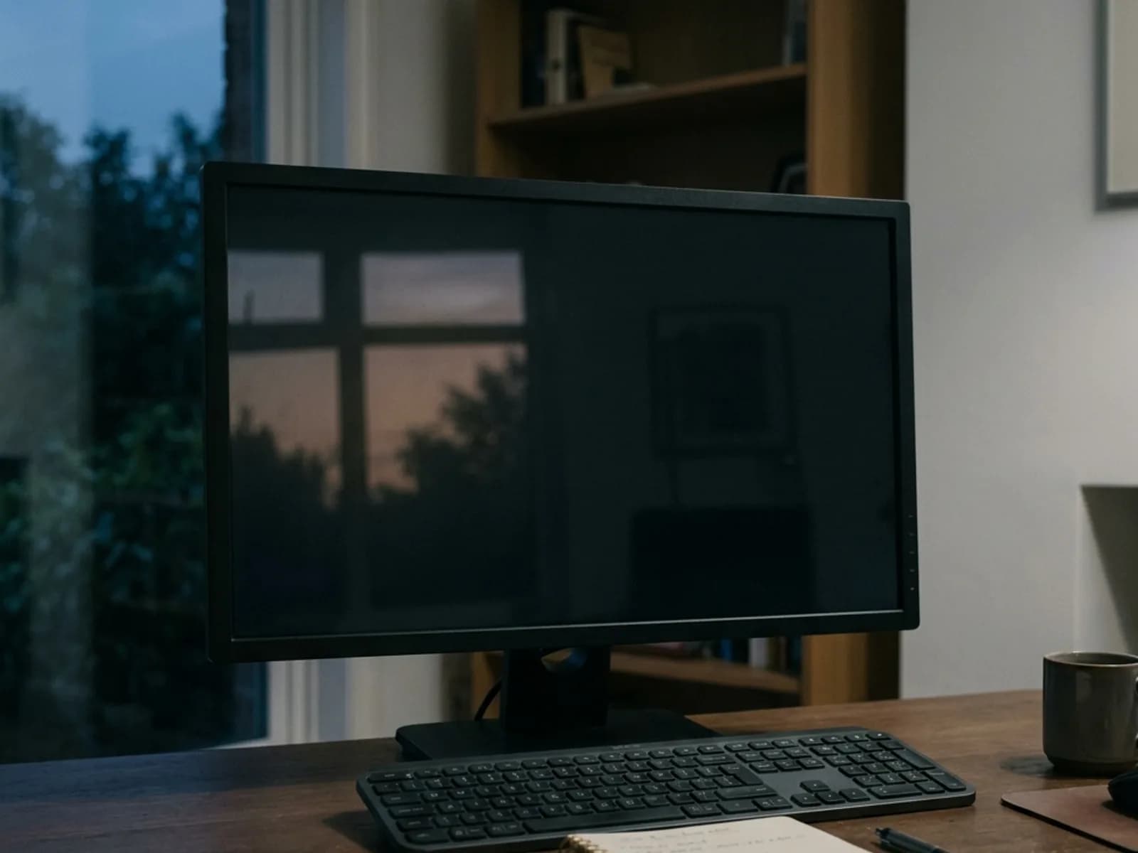 A desktop monitor switched off at dusk on a plain desk.
